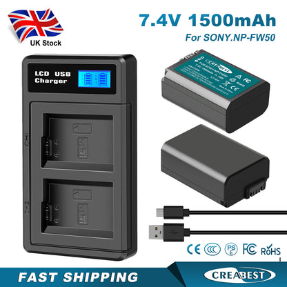 2X NP-FW50 Battery &Fast Charger For Sony A6500 A6000 A7R A7RII A7S A7II RX10