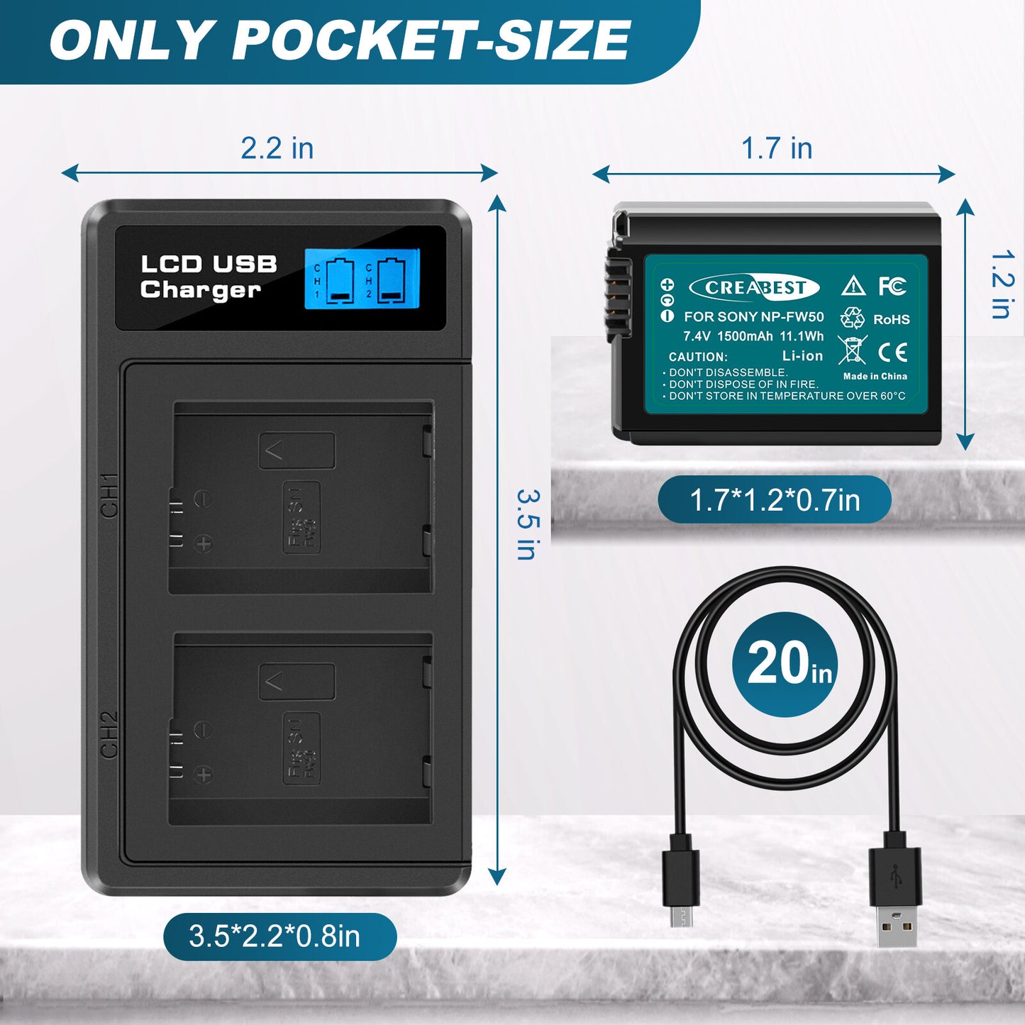 2X NP-FW50 Battery &Fast Charger For Sony A6500 A6000 A7R A7RII A7S A7II RX10