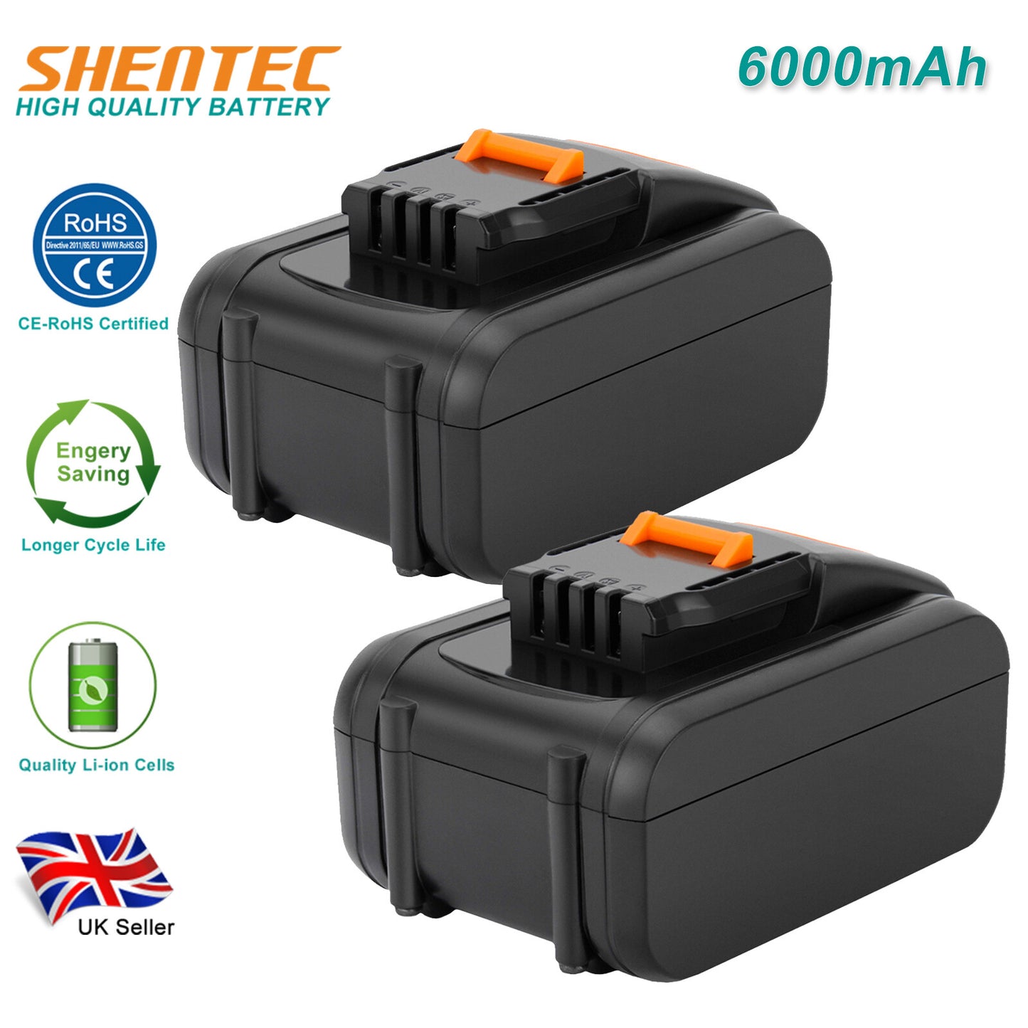 SHENTEC 2 X 20V 6Ah Replacement Battery for Worx WA3551.1 WA3553 WA3516 WA3572 WG259E.9 WG169E